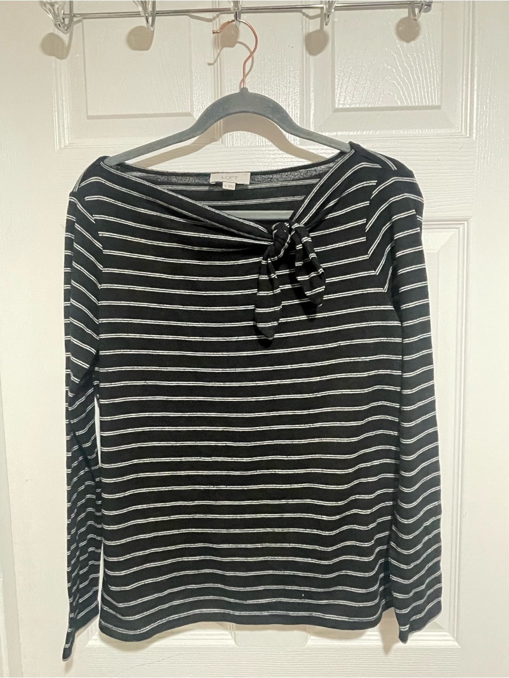 Loft Striped Black & White Tie-Neck Long Sleeve Top Medium